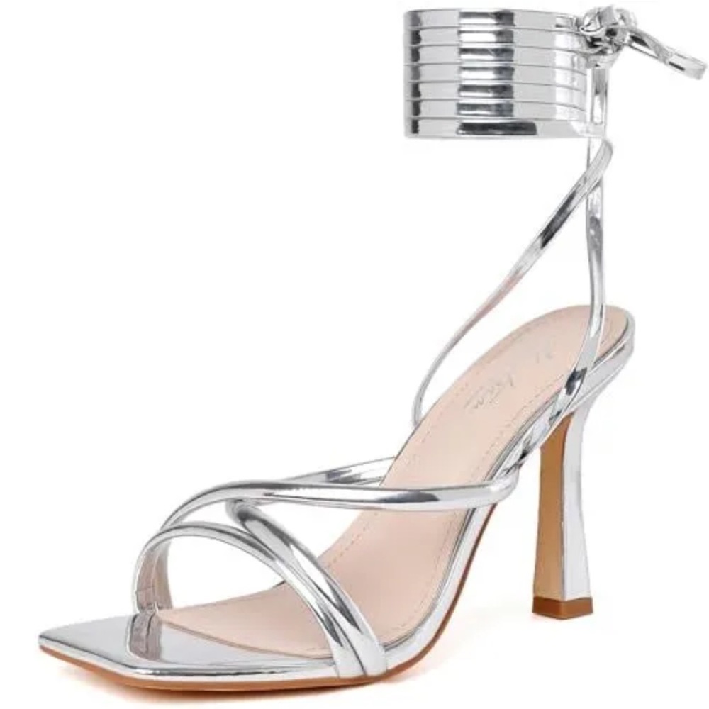 Mostrin Silver Strappy Heels for Women Lace Up Heels Tie Up Stiletto Heeled